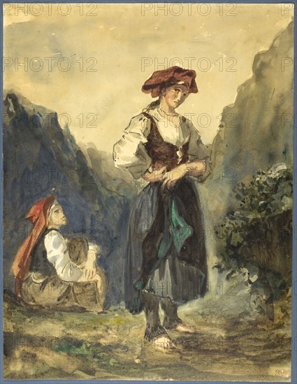 Peasant Women from the Region of the Eaux-Bonnes, 1845, Eugène Delacroix, French, 1798-1863, France, Watercolor, with touches of gouache, over traces of graphite, on cream wove paper, laid down on cream wove paper, 340 × 262 mm