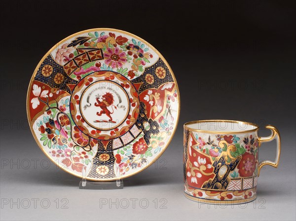 Coffee Cup and Saucer, 1804–1813, Worcester Porcelain Factory, Worcester, England, founded 1751, Worcester, Soft-paste porcelain with polychrome enamels, gilding, and armorial decoration, Cup: H. 6.4 cm (2 1/2 in. ), diam. 6 cm (2 3/8 in.) Saucer: diam. 14 cm (5 1/2 in. )
