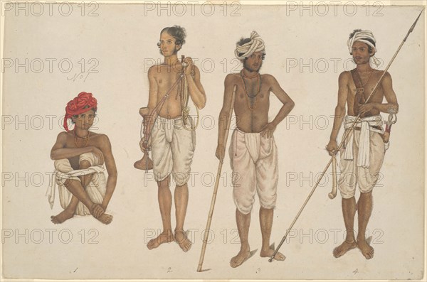 Four Recruits in White Dhotis, page from the Fraser Album, Company School, c. 1815/16, India, Haryana, India, Opaque watercolor on paper, 25 x 37.8 cm (9 7/8 x 21 3/8 in. )