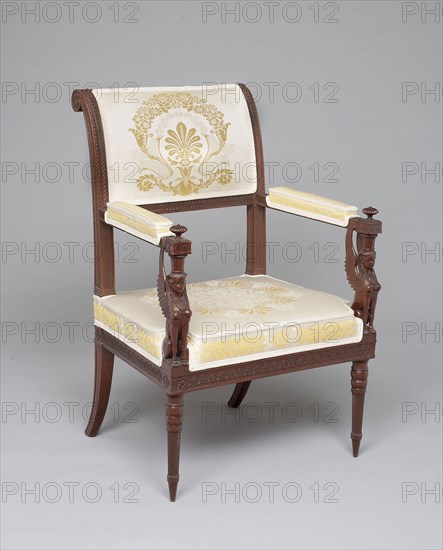 Armchair, c. 1795, Georges Jacob, French, 1739-1814, Paris, France, Mahogany, modern reproduction upholstery, 94.6 × 51.7 × 61.3 cm (37 1/4 × 20 5/8 × 24 1/8 in.)