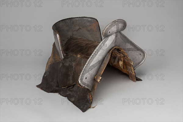 Saddle with Four Saddle Plates, c. 1540, Southern German, Southern Germany, Steel with gilding, leather, and wood