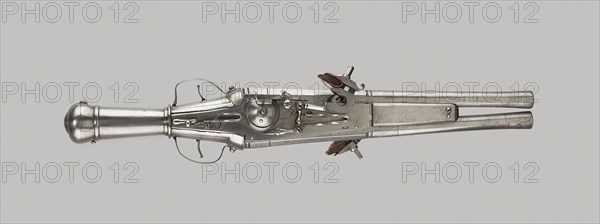 Double-Barrel Wheellock Pistol, c. 1570, German, Germany, Steel, copper alloy, leather, and wood, L. 49.2 cm (19 3/8 in.)