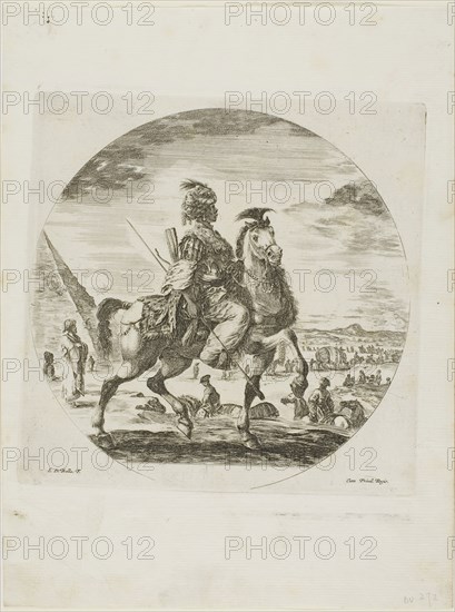 Black Horseman, c. 1651, Stefano della Bella, Italian, 1610-1664, Italy, Etching in black on ivory laid paper, 190 x 190 mm (sheet)