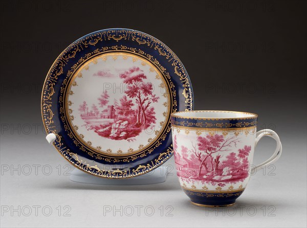 Cup and Saucer, c. 1775, Doccia Porcelain Factory, Italian, founded 1737, Doccia, Tin-glazed hard-paste porcelain with underglaze blue, pink enamel and gilding, Cup: 6.6 × 6.8 cm (2 2/3 × 2 11/16 in.), Saucer diam. 13.3 cm (5 1/4 in.)