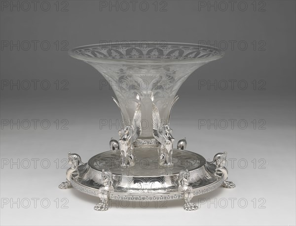 Centerpiece, c. 1880, Dominick and Haff, American, active 1872–1928, Retailed by Cowell and Hubbard Co., American, founded 1861, New York, New York, Silver and engraved glass, Diam. of vase: 28.3 × 30 cm (11 1/8 × 11 13/16 in.), 2763 g