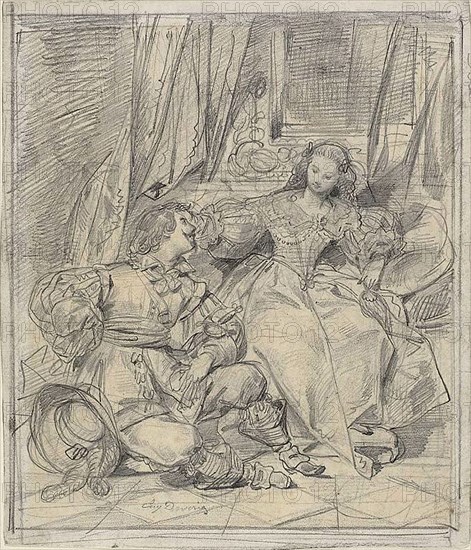 Lady and Cavalier, n.d., Eugène François Marie Joseph Devéria, French, 1805-1865, France, Graphite, on ivory wove paper, discolored to cream, perimeter mounted on cream board, 240 × 204 mm