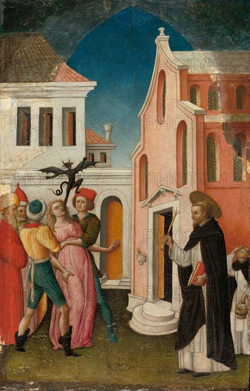 Saint Peter Martyr Exorcizing a Woman Possessed by a Devil, 1445/55, Antonio Vivarini, Italian, about 1415-1476/84, Italy, Tempera on panel, Panel: 54.8 × 35.5 cm (21 9/16 × 14 in.), Painted Surface: 51.3 × 33.7 cm (20 3/16 × 13 1/4 in.)