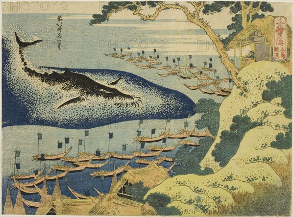 Whaling off the Coast of the Goto Islands (Goto kujira tsuki), from the series One Thousand Pictures of the Ocean (Chie no umi), c. 1831–33, Katsushika Hokusai ?? ??, Japanese, 1760-1849, Japan, Color woodblock print, chuban, 19.0 x 25.7 cm