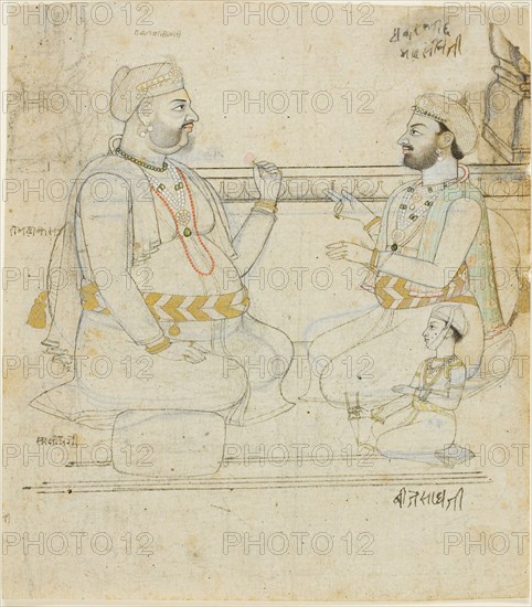 Two Rajput Noblemen with a Child, late 18th century, India, Rajasthan, Jaipur, India, Ink, color and gold on paper, 13.8 x 12 cm (5 3/8 x 4 3/4 in.)