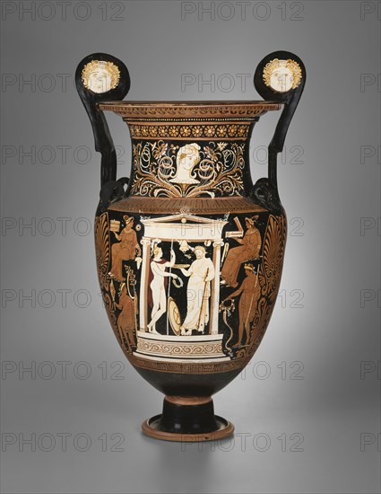Volute Krater (Mixing Bowl), About 340 BC, Attributed to the Painter of Copenhagen 4223, Greek, Apulia, Italy, Apulia, terracotta, decorated in the red-figure technique, 78 × 48 38.1 cm (30 3/4 × 18 7/8 × 15 in.)
