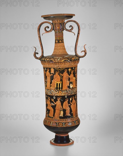 Loutrophoros (Container for Bath Water), 350/340 BC, Attributed to the Varrese Painter, Greek, Apulia, Italy, Puglia, Terracotta, decorated in the red-figure technique, 88 × 37.5 × 26 cm (34 3/4 × 14 3/4 × 10 1/4 in.)