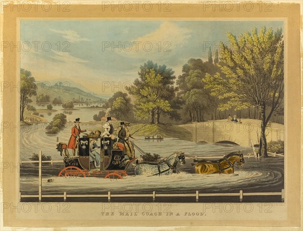 The Mail Coach in a Flood, 1827, Rosenbourg (English, 19th century), after Robert Pollard (English, 1755-1838), England, Aquatint, heightened with watercolor, on paper