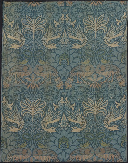 Peacock and Dragon, 1878 (produced 1878/1940), Designed by William Morris (English, 1834–1896), Produced by Morris & Company, 1875–1940, Woven at Queen Square or Merton Abbey Works, England, London or Surrey, Wimbledon, England, Wool, three-colored complementary weft, weft-float faced 3:1 twill weave, lined with linen, plain weave, two panels pieced, 217.5 × 171.7 cm (85 5/8 × 67 5/8 in.)
