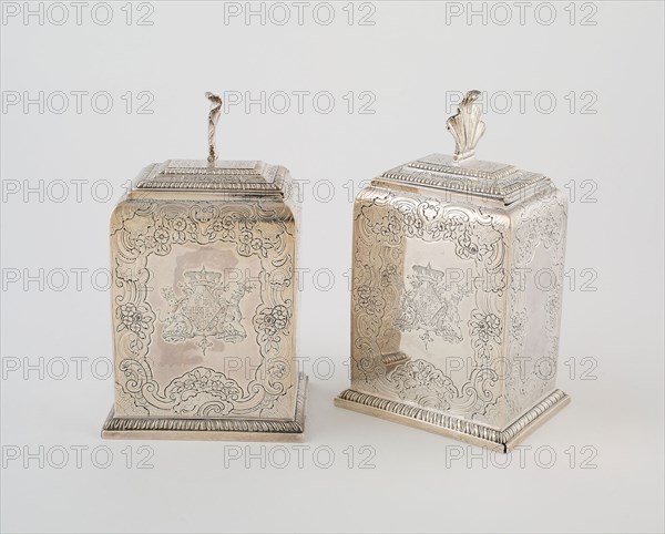 Pair of Tea Caddies, 1744/45, Eliza Godfrey, English, active 1731-58, London, England, London, Sterling silver, 14 x 8.6 x 6.4 cm (5 1/2 x 3 3/8 x 2 1/2 in.)