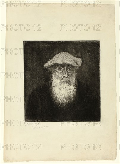 Camille Pissarro, A Self-Portrait, c. 1890, Camille Pissarro, French, 1830-1903, France, Etching with drypoint in black on cream laid paper, 186 × 177 mm (image/plate), 365 × 262 mm (sheet)