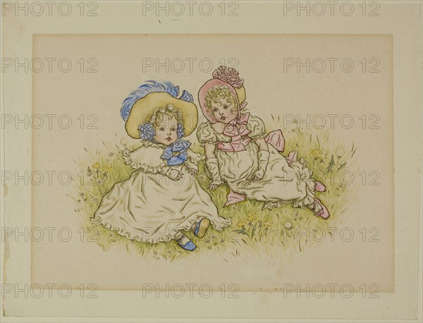 Two Little Girls with Bonnets, 1883, Kate Greenaway, English, 1846-1901, England, Pen and brown ink and watercolor, over traces of graphite, on cream wove paper (discolored to tan), perimeter mounted to cream wood-pulp laminate board, 109 × 154 mm