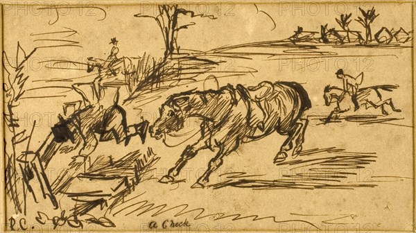 A Check, 1869, Randolph Caldecott, English, 1846-1886, England, Pen and brown ink, on tan wove paper, laid down on wood pulp board, 87 × 158 mm