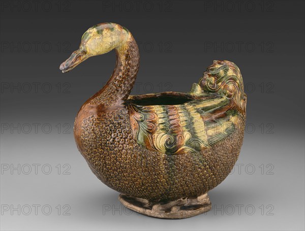 Vessel in Form of a Mandarin Duck or Wild Goose, Tang dynasty (618–907 A.D.), first half of 8th century, China, Earthenware with three-color (sancai) lead glazes, H. 34.7 cm