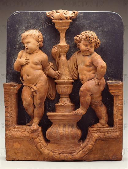 Two Putti Supporting a Torch, 1650/1700, Flemish, Netherlandish, Terracotta on slate, 35.2 × 27.9 × 7.3 cm (13 7/8 × 11 × 2 7/8 in.)