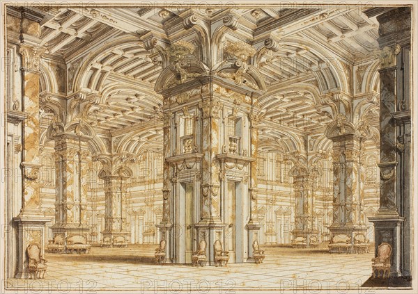 Festival Hall From a Theatrical Scene, c. 1719, Attributed to Giuseppe Galli-Bibiena, Italian, 1696-1757, Italy, Pen and brown ink, with brush and brown, gray, yellow, and pale green wash and touches of red wash, on cream laid paper, 310 x 445 mm