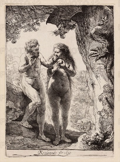 Adam and Eve, 1638, Rembrandt van Rijn, Dutch, 1606-1669, Holland, Etching on ivory laid paper, 162 x 116 mm