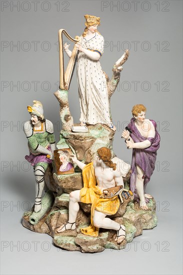 Allegorical Figure Group: The Arts, 18th century, Buen Retiro Porcelain Factory, Spanish, 1759-1808, Buen Retiro, Porcelain with polychrome decoration, 50.8 × 33.8 × 30.5 cm (20 × 13 3/8 × 12 in.)