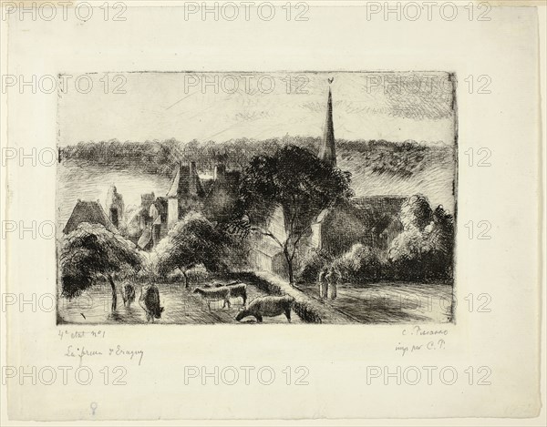 Church and Farm at Éragny, 1895, Camille Pissarro, French, 1830-1903, France, Etching and drypoint in black on ivory laid paper, 155 × 243 mm (image/plate), 251 × 323 mm (sheet)