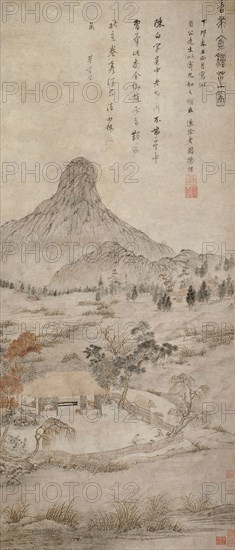Planting Fragrant Fungus at the Tiaozhou’an, Ming dynasty (1368–1644), 1627 (?), Attributed to Chen Guan, Chinese, 1563-1639, China, Hanging scroll, ink and light color on paper, 109.7 × 47.7 cm