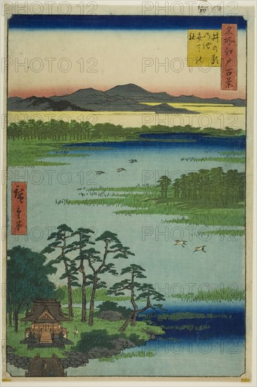 Benten Shrine and Inokashira Pond (Inokashira no ike Benten no yashiro), from the series One Hundred Famous Views of Edo (Meisho Edo hyakkei), 1856, Utagawa Hiroshige ?? ??, Japanese, 1797–1858, Japan, Color woodblock print, oban