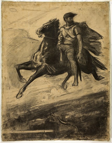 Man Riding a Horse through the Air, 1860–70, Nicolas-François Chifflart, French, 1825-1901, France, Charcoal, with stumping and erasing, on tan laid paper, squared in white chalk, and laid down on blue wove paper with blue fibers, 615 × 474 mm