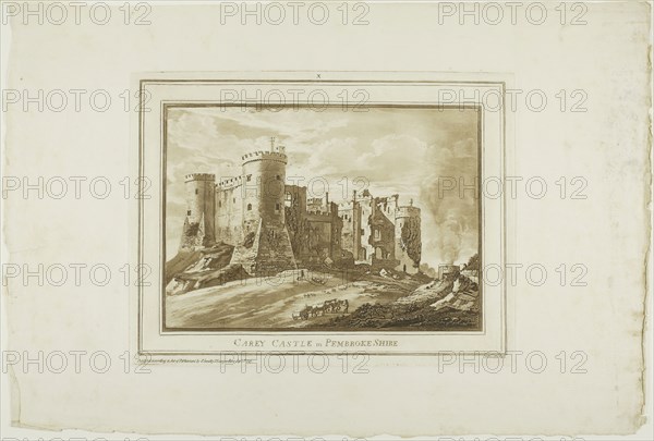 Carey Castle in Pembroke Shire, from Twelve Views in Aquatinta from Drawings taken on the Spot in South Wales, 1773–75, Paul Sandby, English, 1731-1809, England, Etching and aquatint on ivory laid paper, 180 × 255 mm (image), 239 × 315 mm (plate), 355 × 530 mm (sheet)