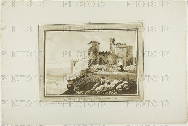 Manerbawr Castle in Pembroke Shire, from Twelve Views in Aquatinta from Drawings taken on the Spot in South Wales, 1773–75, Paul Sandby, English, 1731-1809, England, Etching and aquatint on ivory laid paper, 183 × 257 mm (image), 238 × 314 mm (plate), 358 × 527 mm (sheet)