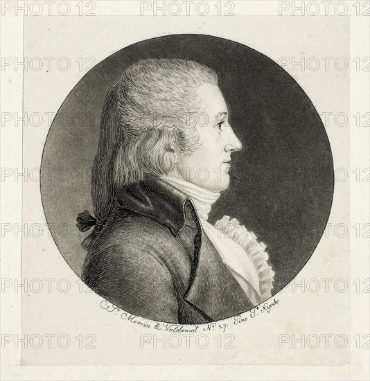 Profile Portrait, Blake, 1796–97, Charles Balthazar Julien Fevret de Saint-Mémin, French, 1770-1852, France, Mezzotint and engraving, with stipple, on ivory wove chine, laid down on off-white wove paper (chine collé), 55 × 56 mm (image), 67 × 63 mm (primary support), 206 × 148 mm (secondary support)