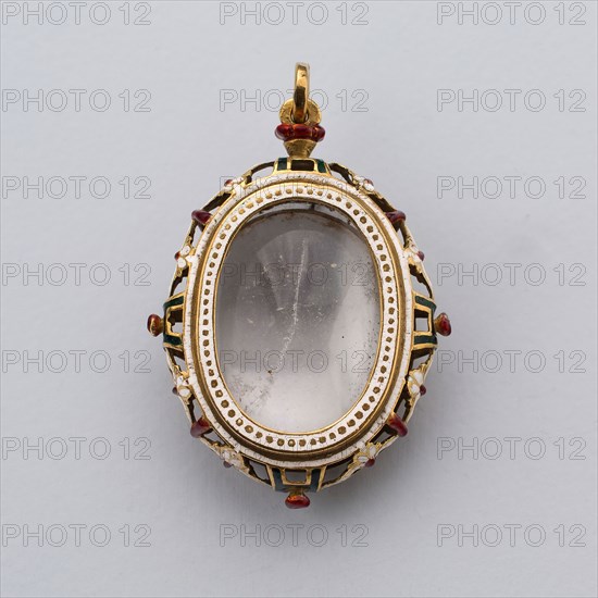 Pendant, 17th century, Spanish, Spain, Enameled gold and rock crystal (missing interior image), 6.2 x 4.5 cm (2 7/16 x 1 3/4 in.)