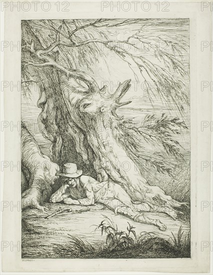 Brigand Lying Under a Tree, c. 1785, Raphael Lamar West, American, 1766-1850, United States, Etching in black on ivory laid paper, 412 x 294 mm (plate), 438 x 339 mm (sheet)