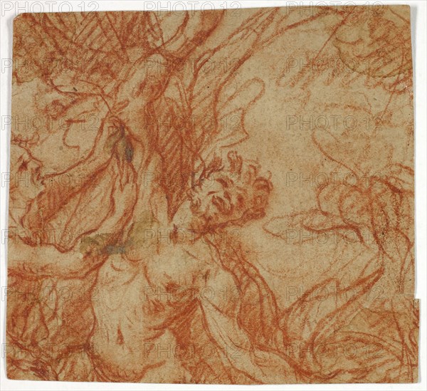 Flaying of Marsyas, n.d., Unknown Artist, French, 18th century, France, Red chalk on tan laid paper, 93 × 102 mm