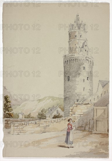 Woman and Child before Walled Town with Tower, n.d., Elizabeth Murray, English, c. 1815-1882, England, Watercolor over graphite on gray wove paper, 273 mm × 190 mm