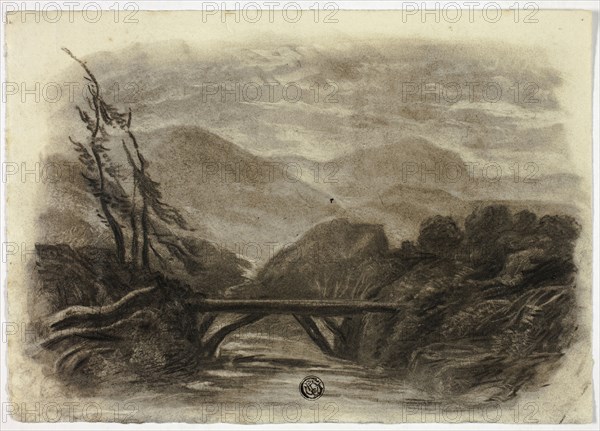 Mountain Stream with Small Bridge I, c. 1855, Elizabeth Murray, English, c. 1815-1882, England, Charcoal with stumping and scraping on ivory wove paper, 173 mm × 245 mm