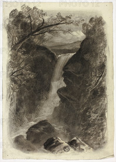 Mountain Waterfall, c. 1855, Elizabeth Murray, English, c. 1815-1882, England, Charcoal and scraping on ivory wove paper, 244 mm × 172 mm