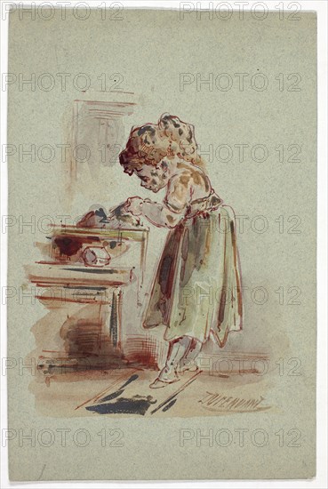 Little Girl Cooking, n.d., Dupenvant, French, 19th century, France, Pen and red ink, with watercolor, over traces of graphite, on board faced with green paper, 177 × 116 mm