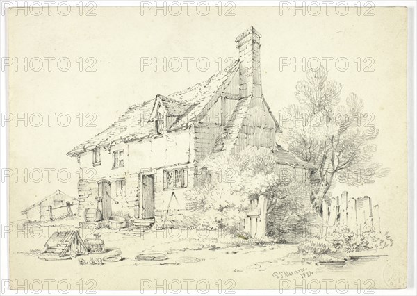 Countryside Cottage, 1824, Paul Sandby Munn, English, 1773-1845, England, Graphite, with spray fixative, on ivory wove paper, 175 × 244 mm