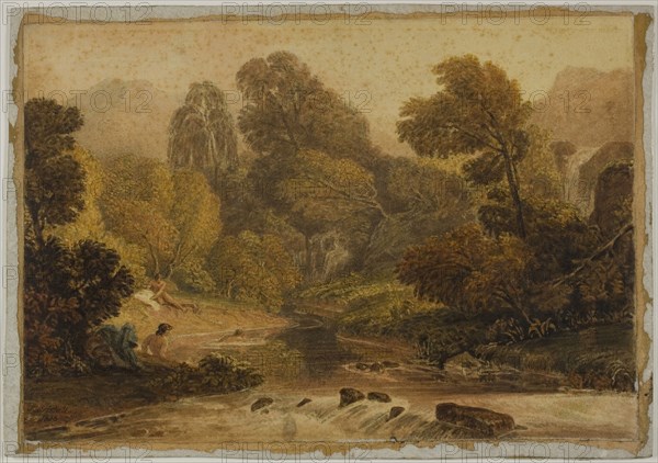 A Scene Near Lodore, Cumberland, 1818, Joshua Cristall, English, c. 1767-1847, England, Watercolor over graphite, on ivory wove paper, laid down on board, 195 × 283 mm