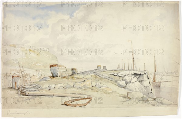 Scarborough Shore, c. 1860, William Roxby Beverley, English, c. 1814-1889, England, Watercolor over graphite, on ivory wove paper, laid down on board, 53 × 315 mm