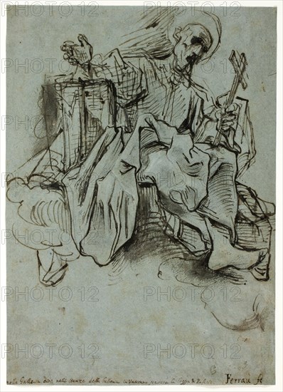 Saint with Book and Cross Seated on a Cloud, c. 1591, Ferraù Fenzoni, Italian, 1562-1645, Italy, Pen and black and brown ink, with brush and brown wash, with traces of black chalk, on blue laid paper, 329 x 236 mm