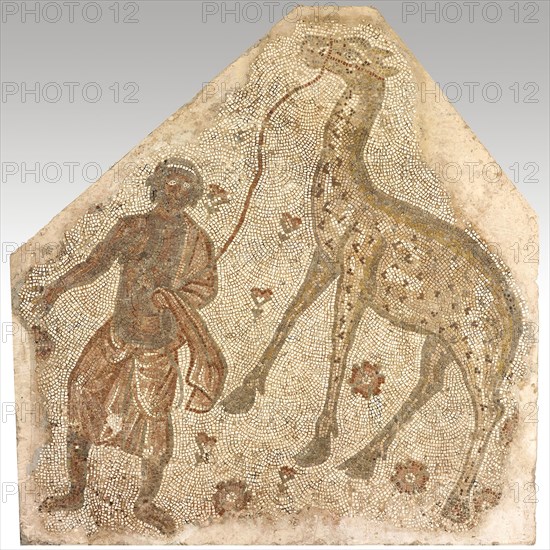Mosaic Fragment with Man Leading a Giraffe, 5th century, Byzantine, Syria or Lebanon, Tyre, Stone in mortar, 170.8 × 167 × 6.35 cm (67 1/4 × 65 3/4 × 2 1/2 in.)