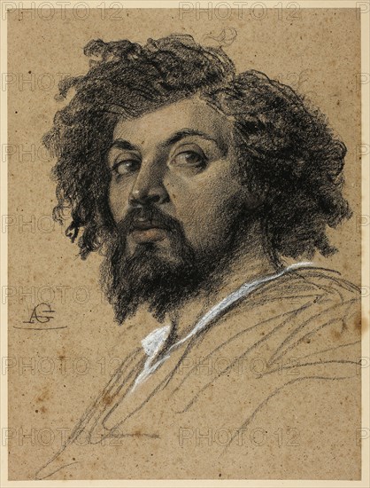 Self-Portrait, c. 1830, Auguste Barthélémy Glaize, French, 1807-1893, France, Black Conté crayon, heightened with red-brown wash and white Conté crayon on dark tan wove paper, laid down on tan wove paper, 391 × 294 mm