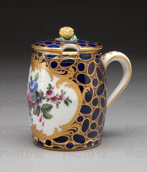 Mustard Pot, 1757, Sèvres Porcelain Manufactory, French, founded 1740, Sèvres, Soft-paste porcelain, underglaze blue ground, polychrome enamels, and gilding, H. 8.6 cm (3 3/8 in.)