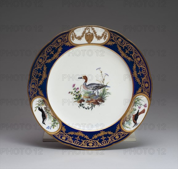 Plate, 1792, Sèvres Porcelain Manufactory, French, founded 1740, Painted by Etienne Evans (French, active 1752-1806), Sèvres, Soft-paste porcelain, dark blue ground, polychrome enamels, and gilding, Diam. 24.4 cm (9 9/16 in.)