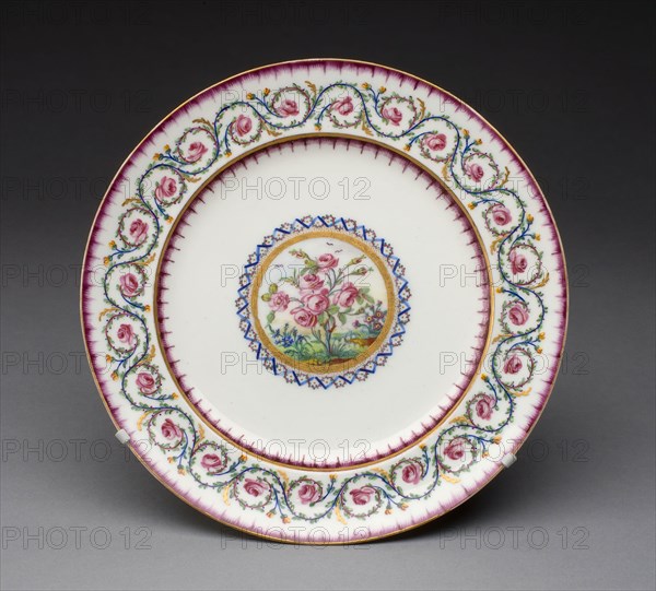Sample Plate, 1790, Sèvres Porcelain Manufactory, French, founded 1740, Painted by Charles-Nicolas Buteux, French, active 1763-1801, Sèvres, Soft-paste porcelain, polychrome enamels, and gilding, Diam. 23.5 cm (9 1/4 in.)
