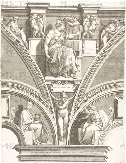 The Eritrean Sibyl, c. 1570, Giorgio Ghisi (Italian, 1520-1582), after Michelangelo Buonarroti (Italian, 1475-1564), Italy, Engraving on ivory laid paper, 572 x 436 mm